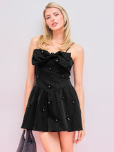 Square Neck Solid Floral Rhinestone Bowknot Mini Dress