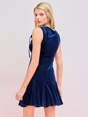 Velvet V-neck Solid Knotted Mini Dress