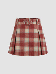 Wool-like High Rise Check Mini Skirt With Belt