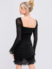 Mesh Round Neckline Glitter Ruched Knotted Mini Dress