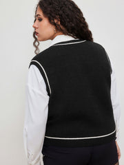 Knit V-neck Skeleton Contrasting Binding Vest Curve & Plus