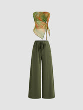 Mesh Tie Dye Drawstring Bandeau Top & Mid Rise Drawstring Wide Leg Trousers Set