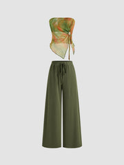Mesh Tie Dye Drawstring Bandeau Top & Mid Rise Drawstring Wide Leg Trousers Set