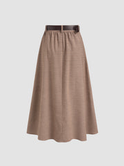 High Rise Houndstooth Pocket Maxi Skirt With Belt