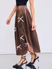 Mid Rise Solid Bowknot Midi Skirt
