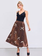 Mid Rise Solid Bowknot Midi Skirt