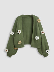 Knit Collarless Floral Cardigan