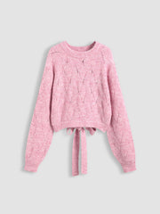 Knit Round Neckline Hollow Out Rhombus Knotted Long Sleeve Top
