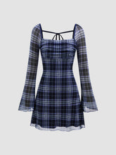 Mesh Square Neck Check Knotted Mini Dress