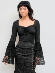 Rib Sweetheart Knotted Lace Layered Sleeve Bodysuit
