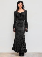 Rib Sweetheart Knotted Lace Layered Sleeve Bodysuit