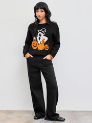 Knitted Round Neckline Pumpkin Ghost Contrasting Binding Long Sleeve Top