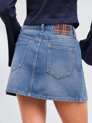 Denim Low Rise Gingham & Floral Appliques Button Pocket Mini Skirt