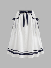 100% Cotton Mid Rise Striped Bowknot Pocket Maxi Skirt