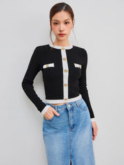 Knit Round Neckline Contrasting Binding Button Sweater