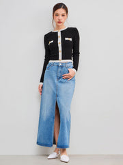 Knit Round Neckline Contrasting Binding Button Sweater