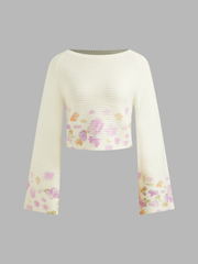 Knit Boat Neck Floral Bell Sleeve Crop Top