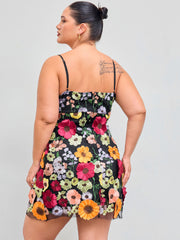 Jacquard Square Neck Colorful Floral Embroidery Mini Dress Curve & Plus