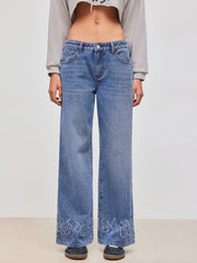 Cider Denim Low Rise Flared Embroidery Pocket Straight Leg Jeans