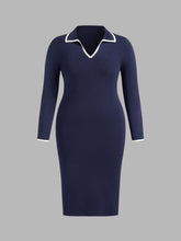 Knit V-neck Solid Contrasting Binding Midi Dress Curve & Plus