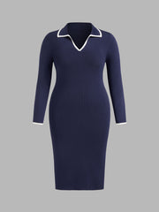 Knit V-neck Solid Contrasting Binding Midi Dress Curve & Plus