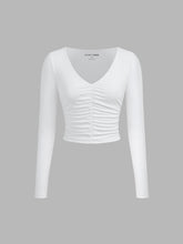 CIDERCONTOUR Double Layered V-neck Solid Ruched Long Sleeve Tee