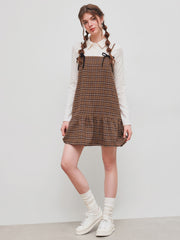 Square Neck Check Ruffle Bowknot Babydoll Mini Dress
