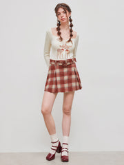 Wool-like High Rise Check Mini Skirt With Belt