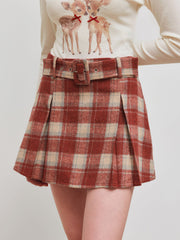 Wool-like High Rise Check Mini Skirt With Belt