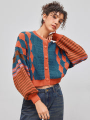 Knit Round Neckline Striped Geometric Cardigan