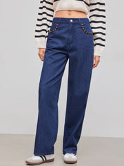Cider Denim Low Rise Solid Chain Detail Straight Leg Jeans