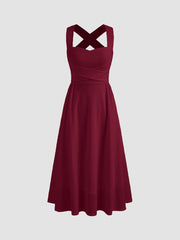 Square Neck Solid Criss Cross Ruffle Midi Dress & Metallic Pointed Toe Slingback Kitten Heels