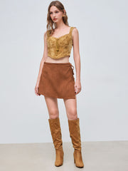 Corduroy Mid Rise Solid Knotted Mini Skirt