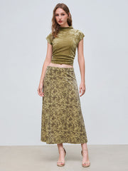 Velvet Mid Rise Floral Maxi Skirt