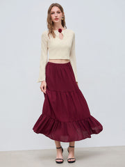 Lace Round Neckline Rosette Knotted Backless Long Sleeve Crop Top