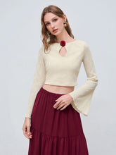 Lace Round Neckline Rosette Knotted Backless Long Sleeve Crop Top