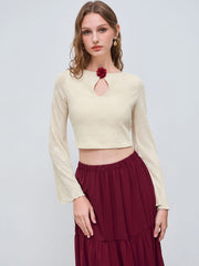 Lace Round Neckline Rosette Knotted Backless Long Sleeve Crop Top
