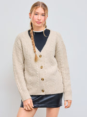 Cable Knit Wool-blend V-neck Solid Button Cardigan