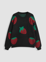 Knit Round Neckline Strawberry Long Sleeve Top