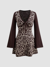 Knit V-neck Leopard Bowknot Long Sleeve Mini Dress
