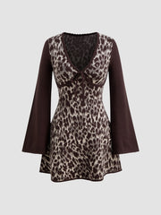 Knit V-neck Leopard Bowknot Long Sleeve Mini Dress