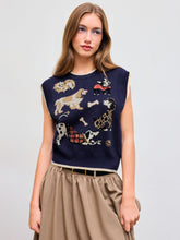 Knit Round Neckline Dog Graphic Contrasting Binding Vest
