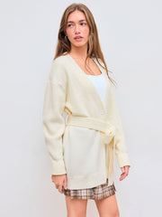 Wool-blend Solid Knit Cardigan With Belt
