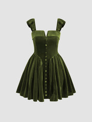 Velvet Square Neck Solid Ruffle Zipper Mini Dress