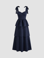 Jacquard Scoop Neckline Solid Bowknot Layered Maxi Dress