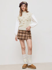 Knit High Neck Flower Pom-Pom Short Sleeve Top
