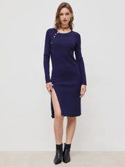 Knit Round Neckline Button Midi Dress