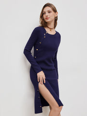 Knit Round Neckline Button Midi Dress