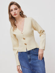 Solid V-neck Button Cardigan
