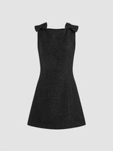 Tweed Boat Neck Solid Bowknot Mini Dress